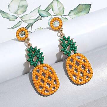 XOCARTIGE Beaded Drop Earrings for Women Boho Seed Bead Dangle Earrings Handmade Tropical Fruit Flamingo Beaded Earrings Studs (Pineapple)