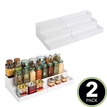 mDesign Plastic Adjustable, Expandable 3-Tier Kitchen Cabinet, Pantry, Shelf Organizer/Spice Rack - Storage for Spices, Jars, Seasoning, Baking Supplies, Ligne Collection, 2 Pack - White