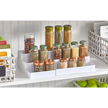 mDesign Plastic Adjustable, Expandable 3-Tier Kitchen Cabinet, Pantry, Shelf Organizer/Spice Rack - Storage for Spices, Jars, Seasoning, Baking Supplies, Ligne Collection, 2 Pack - White