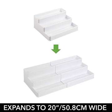 mDesign Plastic Adjustable, Expandable 3-Tier Kitchen Cabinet, Pantry, Shelf Organizer/Spice Rack - Storage for Spices, Jars, Seasoning, Baking Supplies, Ligne Collection, 2 Pack - White