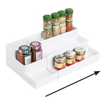 mDesign Plastic Adjustable, Expandable 3-Tier Kitchen Cabinet, Pantry, Shelf Organizer/Spice Rack - Storage for Spices, Jars, Seasoning, Baking Supplies, Ligne Collection, 2 Pack - White