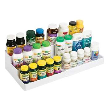 mDesign Plastic Adjustable, Expandable 3-Tier Kitchen Cabinet, Pantry, Shelf Organizer/Spice Rack - Storage for Spices, Jars, Seasoning, Baking Supplies, Ligne Collection, 2 Pack - White