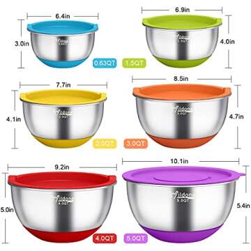 Wildone Mixing Bowls with Airtight Lids, 22 PCS Stainless Steel Mixing Bowls Set, 3 Grater Attachmen...