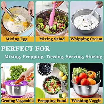 Wildone Mixing Bowls with Airtight Lids, 22 PCS Stainless Steel Mixing Bowls Set, 3 Grater Attachments, Measurement Marks & Non-Slip Bottom, Size 5, 4, 3, 2,1.5, 0.63QT, Ideal for Mixing & Prepping