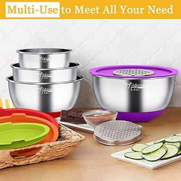 Wildone Mixing Bowls with Airtight Lids, 22 PCS Stainless Steel Mixing Bowls Set, 3 Grater Attachments, Measurement Marks & Non-Slip Bottom, Size 5, 4, 3, 2,1.5, 0.63QT, Ideal for Mixing & Prepping