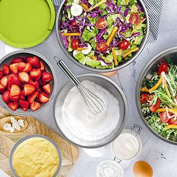 Wildone Mixing Bowls with Airtight Lids, 22 PCS Stainless Steel Mixing Bowls Set, 3 Grater Attachments, Measurement Marks & Non-Slip Bottom, Size 5, 4, 3, 2,1.5, 0.63QT, Ideal for Mixing & Prepping