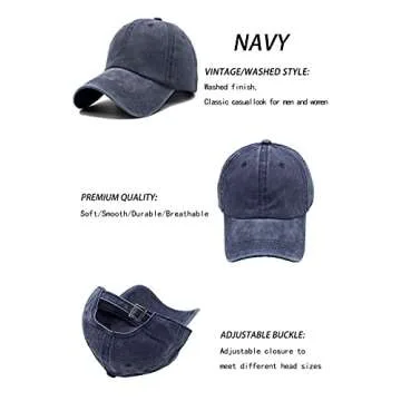 Unisex Vintage Washed Distressed Baseball Cap Twill Adjustable Dad Hat, H-navy, One Size