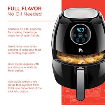 New House Kitchen Digital 6.8 Quart Air Fryer w/ Flat Basket, Oil-Free Touch Screen AirFryer, Dishwa...