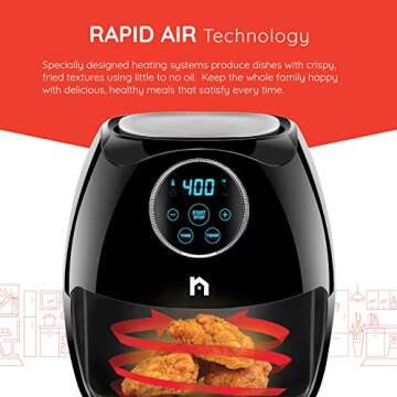 New House Kitchen Digital 6.8 Quart Air Fryer w/ Flat Basket, Oil-Free Touch Screen AirFryer, Dishwasher-Safe Parts, Fast Healthier Food, 60 Min Timer & Auto Shut Off, Extra Large Family Size, Black