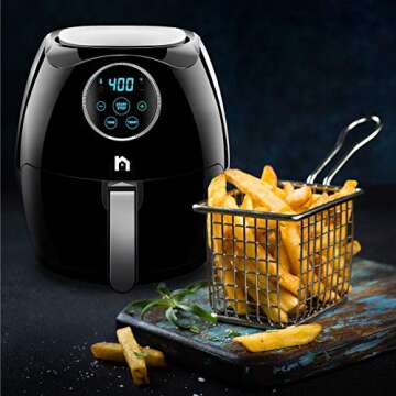 New House Kitchen Digital 6.8 Quart Air Fryer w/ Flat Basket, Oil-Free Touch Screen AirFryer, Dishwasher-Safe Parts, Fast Healthier Food, 60 Min Timer & Auto Shut Off, Extra Large Family Size, Black