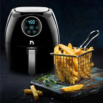 New House Kitchen Digital 6.8 Quart Air Fryer w/ Flat Basket, Oil-Free Touch Screen AirFryer, Dishwasher-Safe Parts, Fast Healthier Food, 60 Min Timer & Auto Shut Off, Extra Large Family Size, Black