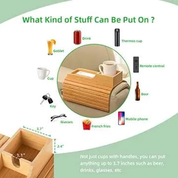 GEHE Bamboo Couch Cup Holder, Anti-Spill Sofa Arm Tray, Natural and Easy to Clean Couch Arm Cup Holder Armrest Tray Perfect for Cups, Beers, Snacks, Remote Control, Drinks