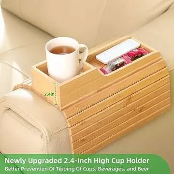 GEHE Bamboo Couch Cup Holder, Anti-Spill Sofa Arm Tray, Natural and Easy to Clean Couch Arm Cup Holder Armrest Tray Perfect for Cups, Beers, Snacks, Remote Control, Drinks