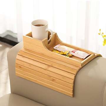 GEHE Bamboo Couch Cup Holder, Anti-Spill Sofa Arm Tray, Natural and Easy to Clean Couch Arm Cup Holder Armrest Tray Perfect for Cups, Beers, Snacks, Remote Control, Drinks