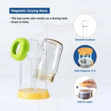 YOTIME Travel Baby Bottle Brush Set with Portable Silicone Bottle Brush, Nipple Cleaner Brush, Straw Brush, Soap Dispenser and Bottle Drying Rack, Yellow