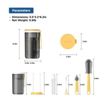 YOTIME Travel Baby Bottle Brush Set with Portable Silicone Bottle Brush, Nipple Cleaner Brush, Straw Brush, Soap Dispenser and Bottle Drying Rack, Yellow