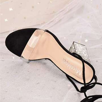 MissHeel Women’s Ankle Strappy Clear Chunky Heel Gladiators Rhinestone Heels Black Size 11 Lace Up Sexy Dancing Summer Shoes