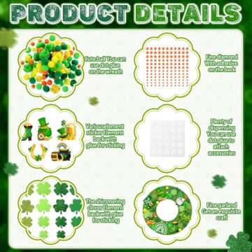472 Pcs St. Patrick's Day Craft Kits Irish DIY Wreath Craft Kit St. Patrick's Day Wreath Arts Decorations with Lucky Shamrocks Leprechauns Gnome Stickers for Irish Indoor Outdoor Home Party Favors