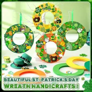 472 Pcs St. Patrick's Day Craft Kits Irish DIY Wreath Craft Kit St. Patrick's Day Wreath Arts Decorations with Lucky Shamrocks Leprechauns Gnome Stickers for Irish Indoor Outdoor Home Party Favors