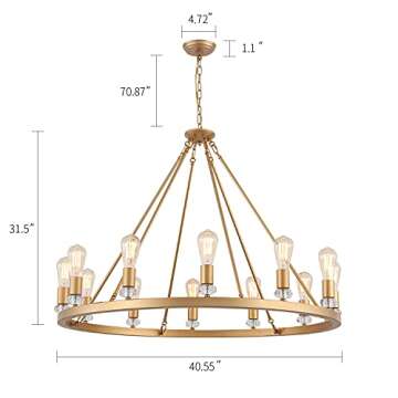 MEIXISUE Large Modern Wagon Wheel Chandelier Gold Metal Round Luxury Industrial Country Chandelier Light Fixture for Dining Room Living Room Foyer Entryway W40.55 12-Lights UL Listed