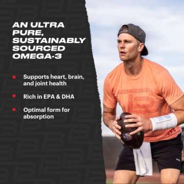 TB12 Omega 3 Fish Oil Supplement by Tom Brady - High Potency, Essential Fatty Acids, Brain & Heart Health, Recovery, Non GMO, NSF Certified for Sport, 1250 mg (500mg DHA and 250mg EPA), 60 softgels