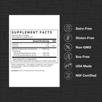 TB12 Omega 3 Fish Oil Supplement by Tom Brady - High Potency, Essential Fatty Acids, Brain & Heart Health, Recovery, Non GMO, NSF Certified for Sport, 1250 mg (500mg DHA and 250mg EPA), 60 softgels