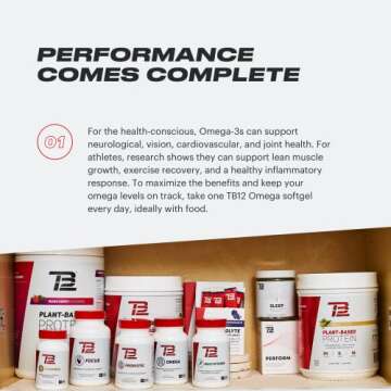 TB12 Omega 3 Fish Oil Supplement by Tom Brady - High Potency, Essential Fatty Acids, Brain & Heart Health, Recovery, Non GMO, NSF Certified for Sport, 1250 mg (500mg DHA and 250mg EPA), 60 softgels