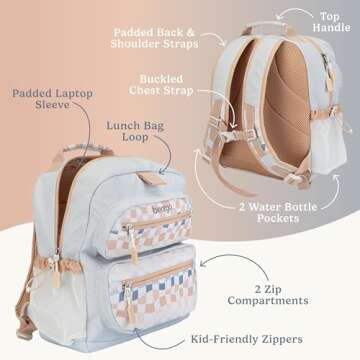 Bentgo Kids Backpack (Whimsy & Wonder Collection) - Lightweight 14’’ for School, Travel & Daycare - Ideal for Kids 4+, Durable & Water-Resistant, Roomy Interior, Loop for Lunch Bag (Checker Gradient)