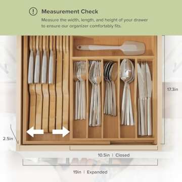 KitchenEdge Premium Silverware, Flatware and Utensil Organizer for Kitchen Drawers, Food-Safe Contract Grade, Expandable from 10.5 to 19 In, Natural Bamboo