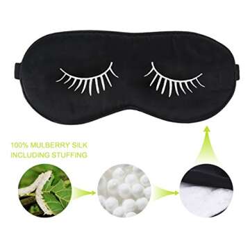 Fitglam Natural Silk Sleep Mask / Eye Mask with Eyelashes Patterns & Free Ear Plugs, Black With White Eyelashes