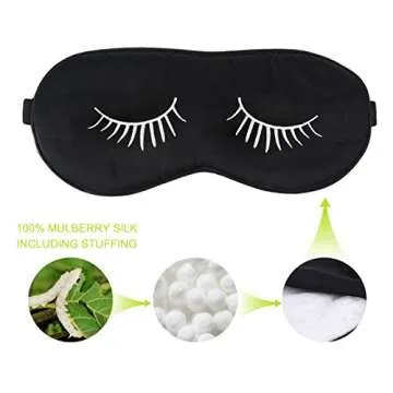 Fitglam Natural Silk Sleep Mask / Eye Mask with Eyelashes Patterns & Free Ear Plugs, Black With White Eyelashes