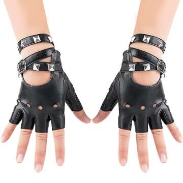 Fingerless Leather Gloves, Half Finger Biker Punk Gloves (One size fits all) with Belt Up and Rivet Design for Halloween Costume Party