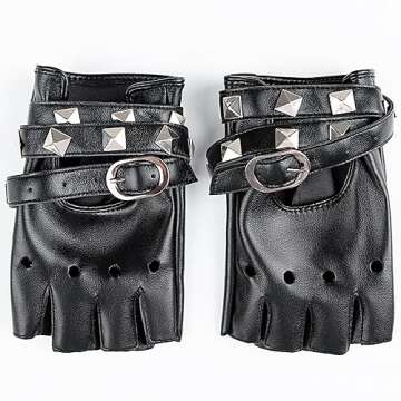 Fingerless Leather Gloves, Half Finger Biker Punk Gloves (One size fits all) with Belt Up and Rivet Design for Halloween Costume Party