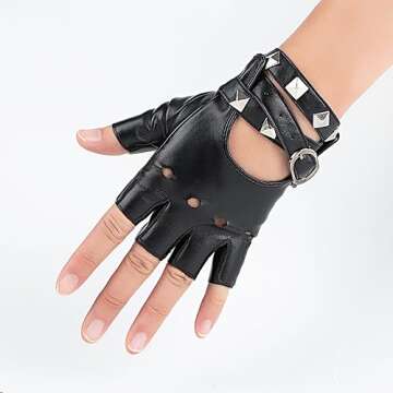 Fingerless Leather Gloves, Half Finger Biker Punk Gloves (One size fits all) with Belt Up and Rivet Design for Halloween Costume Party