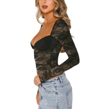 Women Lace Long Sleeve Shirt Top Y2K Slim Fit Crop Top Sexy Lace Low Cut Top Tee Club Streetwear(T-Deep V Neck Black Shirt,M)