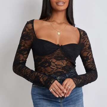 Women Lace Long Sleeve Shirt Top Y2K Slim Fit Crop Top Sexy Lace Low Cut Top Tee Club Streetwear(T-Deep V Neck Black Shirt,M)
