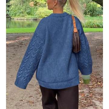 Okiwam Women's Oversized Sweaters Long Sleeve Crewneck Chunky Knitted Pullover 2025 Fall Solid Color Jumper Tops-L Blue