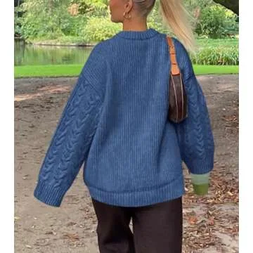 Okiwam Women's Oversized Sweaters Long Sleeve Crewneck Chunky Knitted Pullover 2025 Fall Solid Color Jumper Tops-L Blue