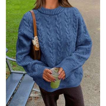 Okiwam Women's Oversized Sweaters Long Sleeve Crewneck Chunky Knitted Pullover 2025 Fall Solid Color Jumper Tops-L Blue