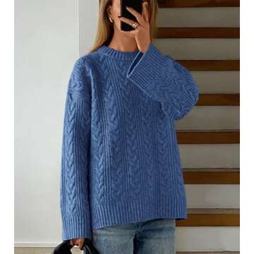Okiwam Women's Oversized Sweaters Long Sleeve Crewneck Chunky Knitted Pullover 2025 Fall Solid Color Jumper Tops-L Blue