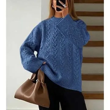 Okiwam Women's Oversized Sweaters Long Sleeve Crewneck Chunky Knitted Pullover 2025 Fall Solid Color Jumper Tops-L Blue
