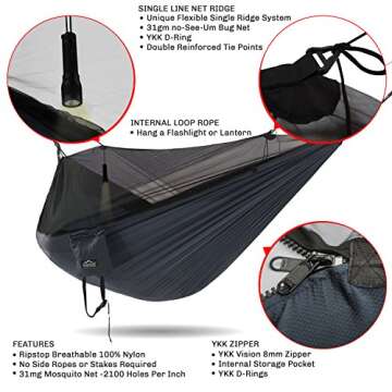 Everest Double Camping Hammock with Mosquito Net | Bug-Free Camping, Hiking, Backpacking & Survival Outdoor Hammock Tent | Reversible, Integrated, Lightweight, Ripstop Nylon | Navy/Charcoal/Net Black