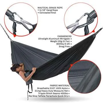 Everest Double Camping Hammock with Mosquito Net | Bug-Free Camping, Hiking, Backpacking & Survival Outdoor Hammock Tent | Reversible, Integrated, Lightweight, Ripstop Nylon | Navy/Charcoal/Net Black
