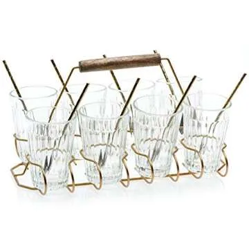 Libbey Glass and Metal Entertaining Set with 8 Glasses, Caddy and Individual Serving Spoons