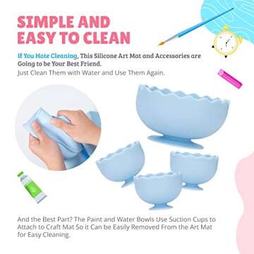 SiliconeWay Silicone Craft Mat 24"x16" - Painters' Dream Set with Detachable Cups, Palette & 24 PCS Art Supplies, Non-Stick Silicone Painting Mat, Premium Craft Mats for Effortless Cleanup (Blue)