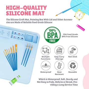 SiliconeWay Silicone Craft Mat 24"x16" - Painters' Dream Set with Detachable Cups, Palette & 24 PCS Art Supplies, Non-Stick Silicone Painting Mat, Premium Craft Mats for Effortless Cleanup (Blue)