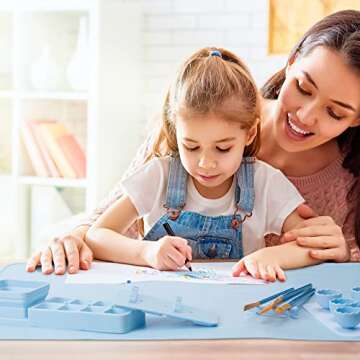 SiliconeWay Silicone Craft Mat 24"x16" - Painters' Dream Set with Detachable Cups, Palette & 24 PCS Art Supplies, Non-Stick Silicone Painting Mat, Premium Craft Mats for Effortless Cleanup (Blue)