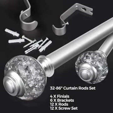 2 Pack Silver Curtain Rods for Windows 48 to 84 Inch, USFOOK 7/8 inch Telescoping Splicing Drapery Rods 32 to 86 Inch, Decoration for Home with Decorative Translucent Finials
