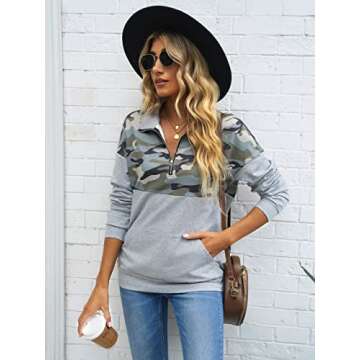 Aleumdr Women Quarter Zip Sweatshirt Casual Long Sleeve Autumn Winter Pullover Tops with Pockets Camo Splice Green Medium 8 10