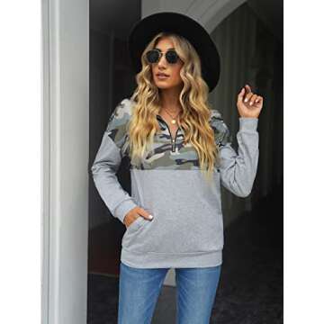 Aleumdr Women Quarter Zip Sweatshirt Casual Long Sleeve Autumn Winter Pullover Tops with Pockets Camo Splice Green Medium 8 10